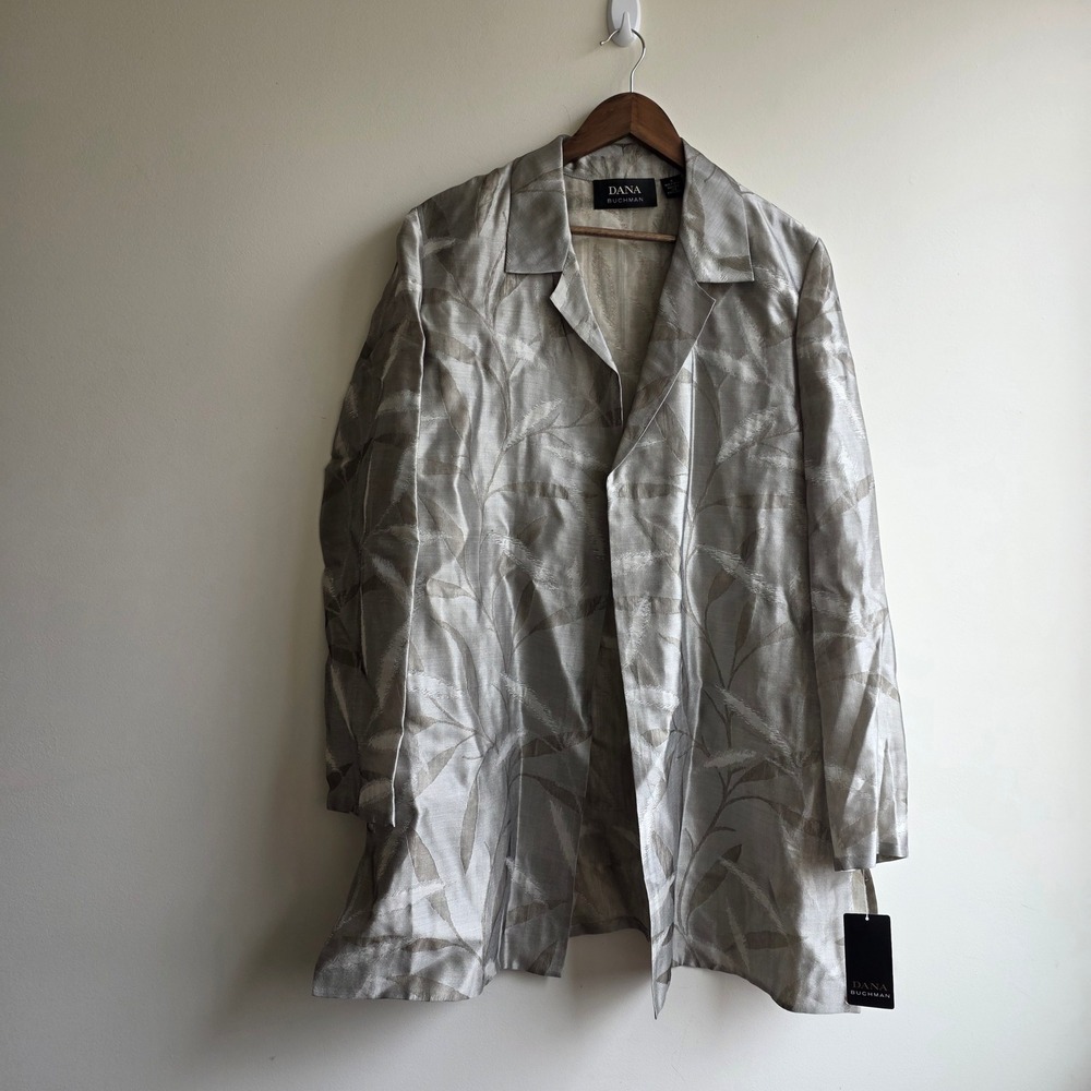 Dana Buchman Women Silver Leaf Jacquard 100%‎ Silk Longline Blazer NWT Size 16